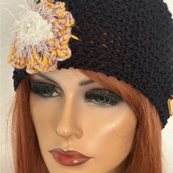 Hand Knits 2 Love Headband Bandana Headwrap Mercerized Black Cotton Flower Besds main image 8